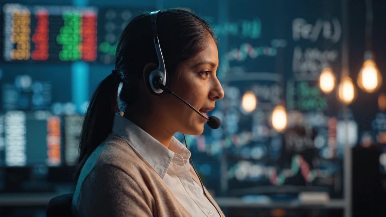Focused Professional Analyzing Market Trends in a Modern Trading Environment with Advanced Technologies and Data Visualization Tools Around Her