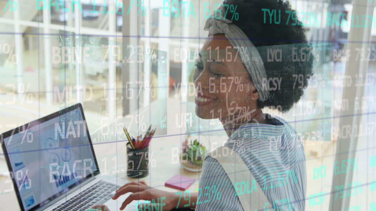 Animation of trading board over biracial woman analyzing infographic interface on laptop