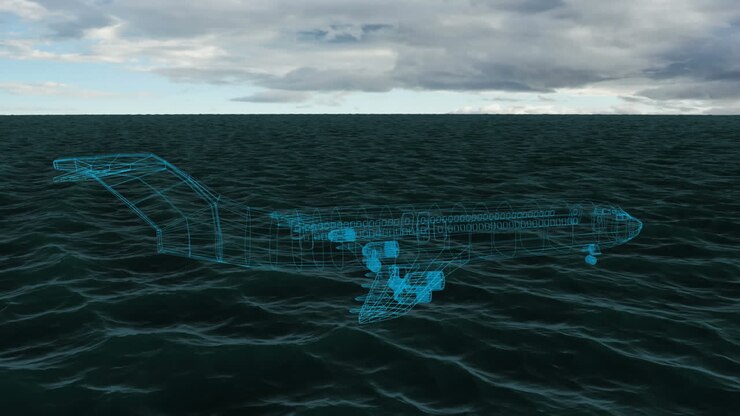 Animazione di modello di aeroplano 3D che ruota su mare e cielo blu