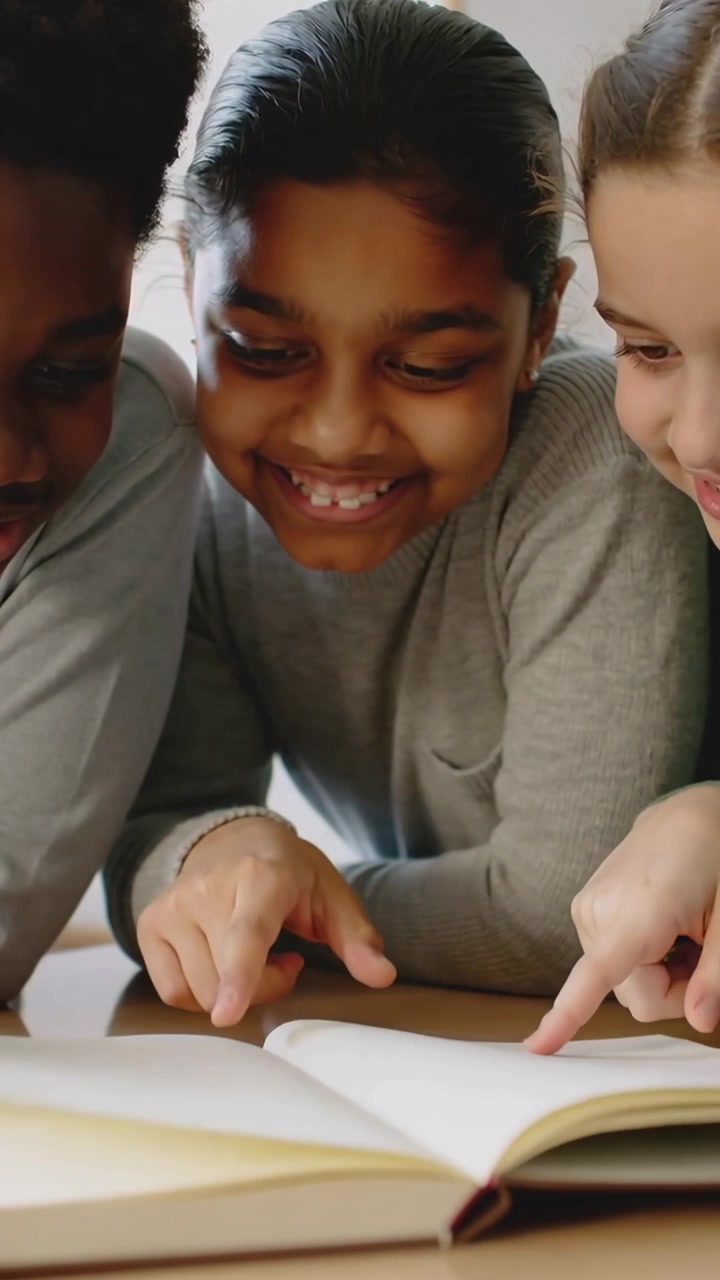 Video verticale: Tre bambini si sporgono, girano le pagine e indicano un grande libro a scuola, condividendolo.