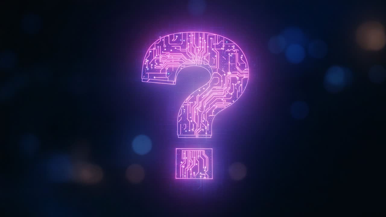 Neon question mark pulsing after 2-second purple glow and shifting pink in tech backdrop