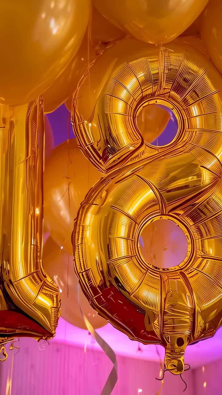 Vertical video: Panning cam revealing swaying foil 1 and 8 marking 18th at party, LED ring cycling