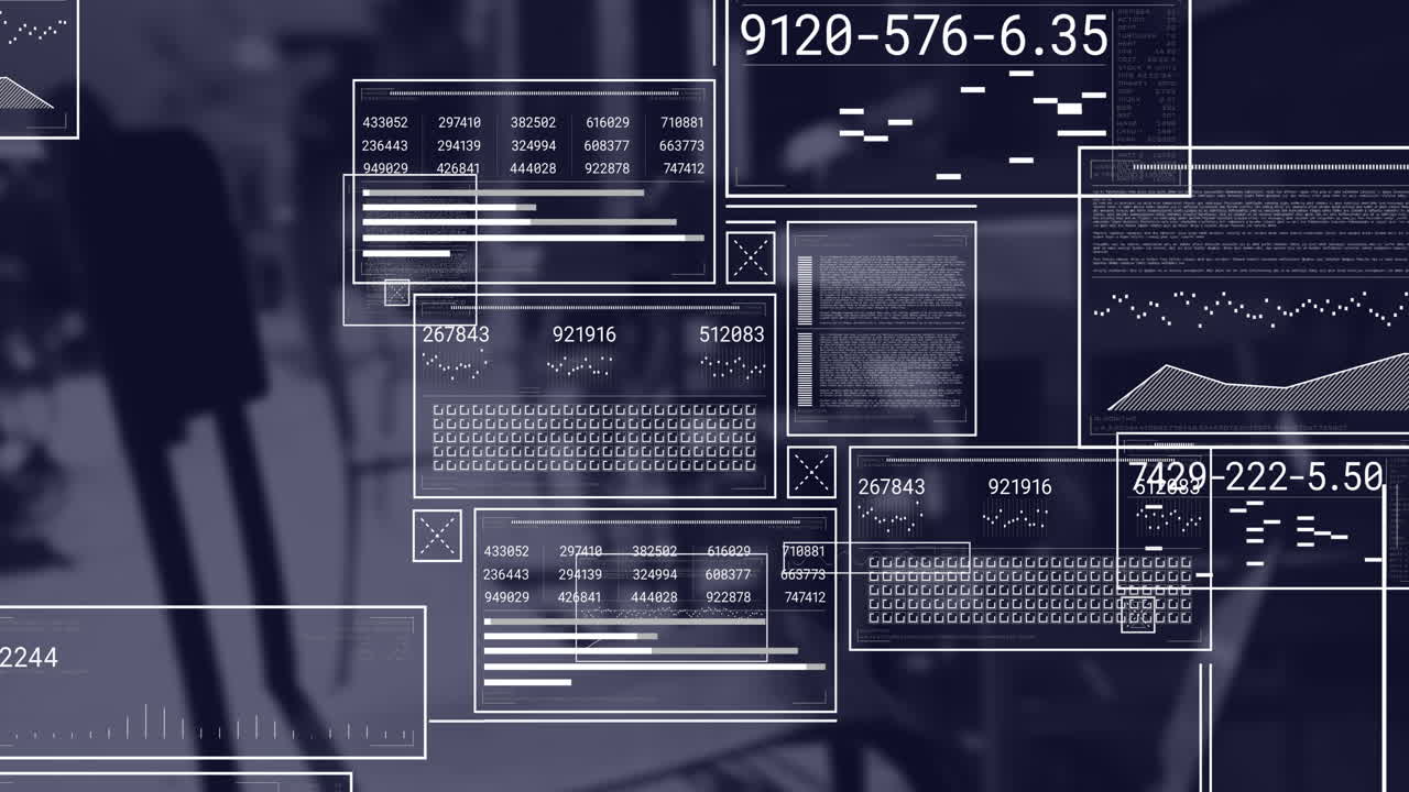Animation of financial data processing over desk in office