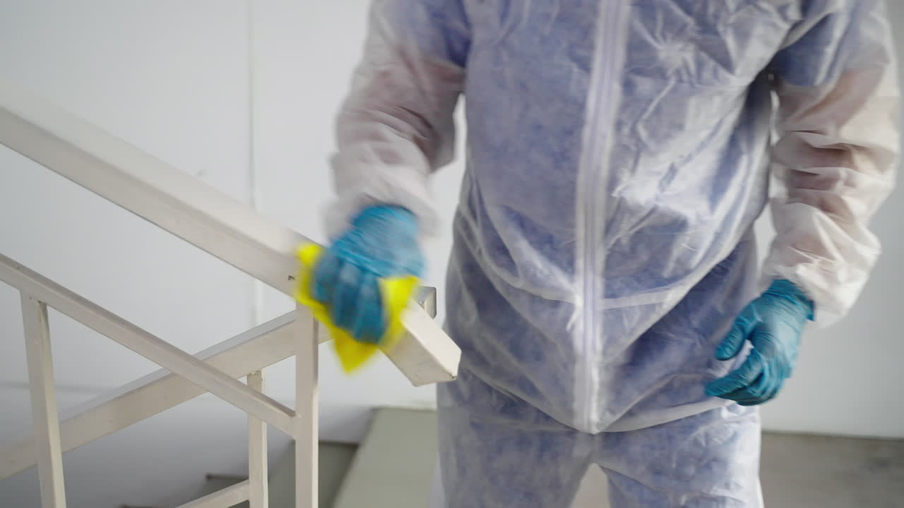 limpieza de una escalera con equipo de protección