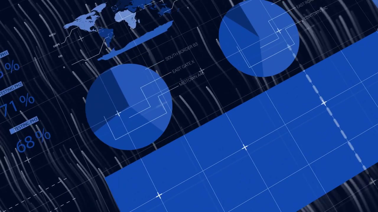 Opening table charts animating, gauge fading, map appearing and bars rising, forming dashboard