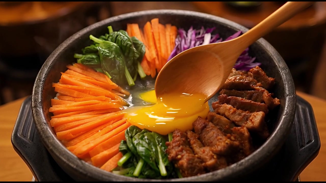 Memecahkan Kuning Telur Mentah di Bibimbap Mangkuk Batu Panas