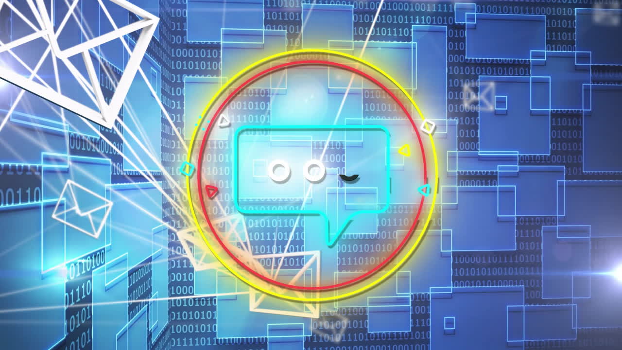 Animation of digital communication icons and binary code on blue geometric background