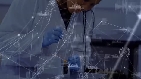 Animation-of-network-of-connections-against-african-american-female-scientist-working-at-laboratory