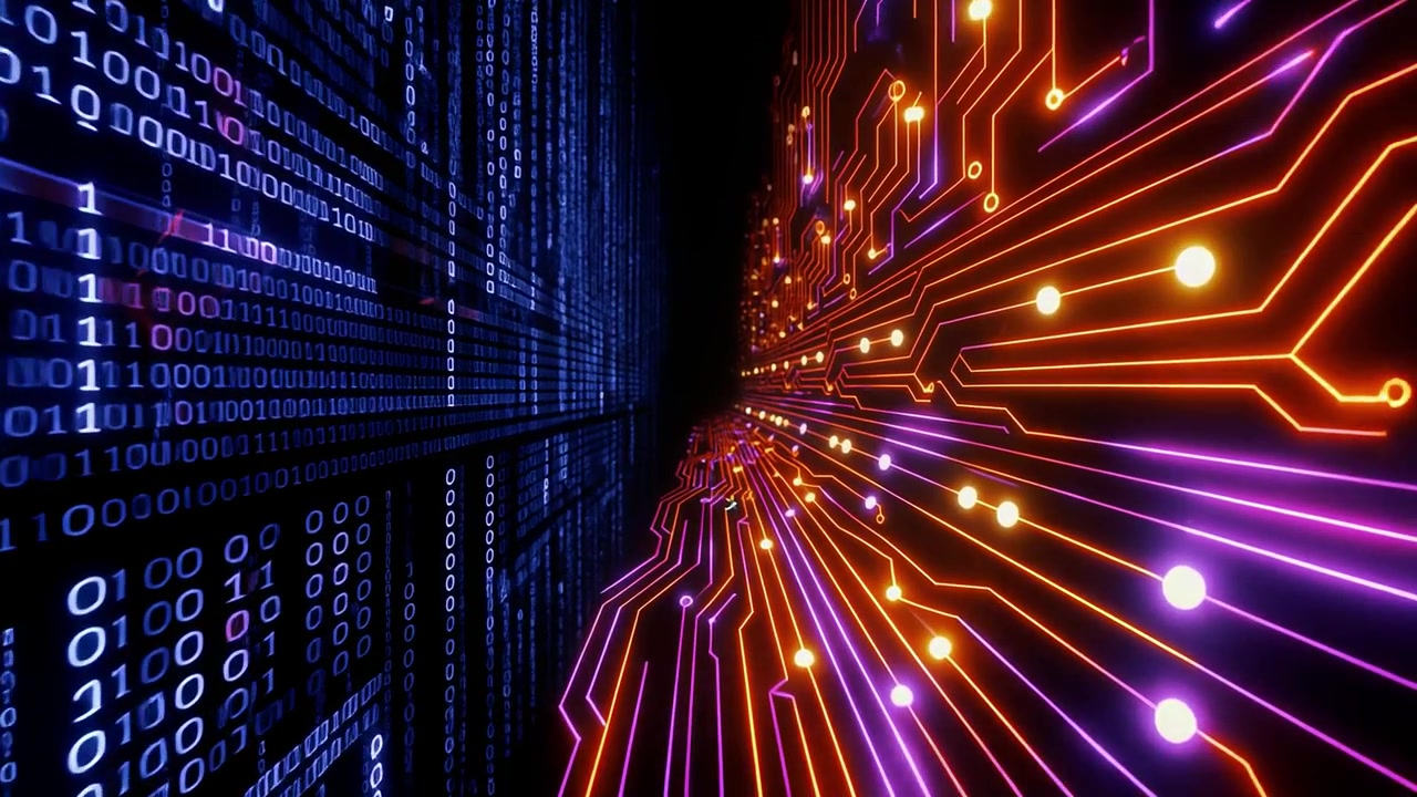 Binary Code and Glowing Circuit Board Lines Representing Digital Technology