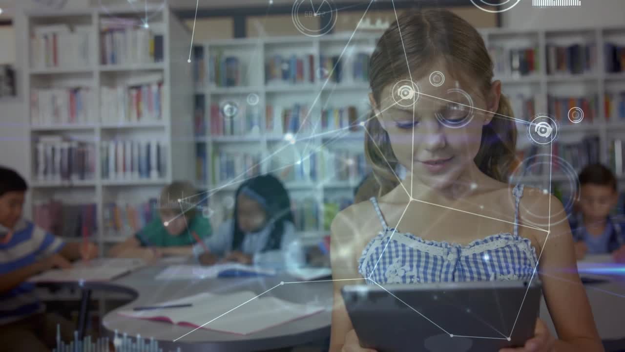 School library girl tapping tablet, generating animated network graphics for education technology