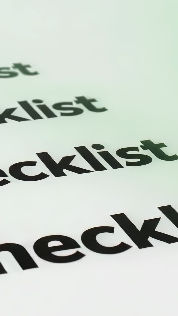 Vertical video: Motion starting bold Checklist scrolling up on page revealing rows with green check