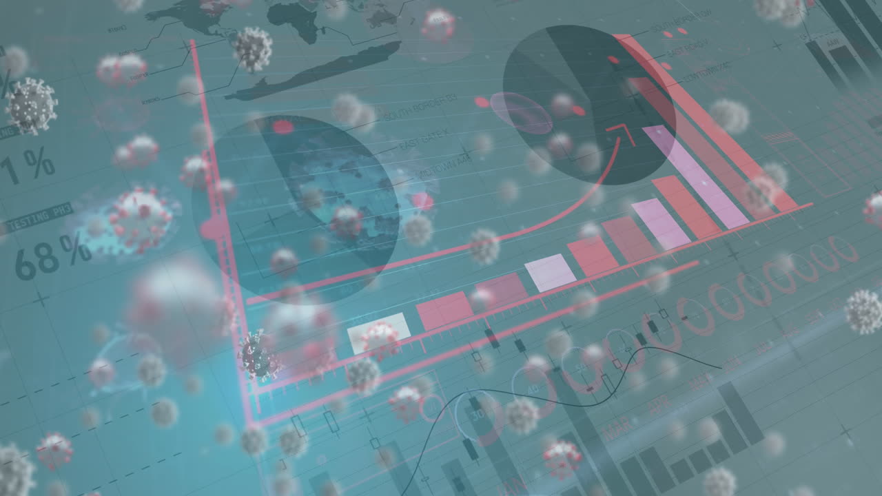 animación de células de covid 19 flotando sobre las estadísticas en el fondo