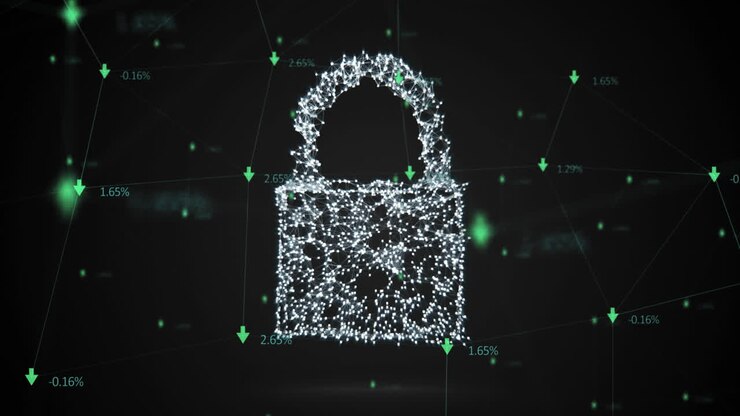 Animation of online security padlock with data processing in background