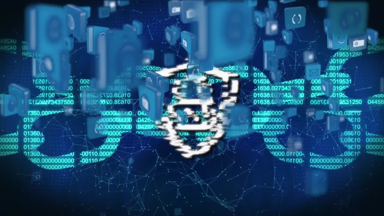 배경에 아이콘과 보안 체인과 함께 온라인 보안  ⁇ 락의 애니메이션