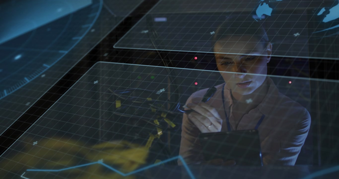 Data analyst reaching and tapping hologram grid, checking tablet, refining globe, yellow data model