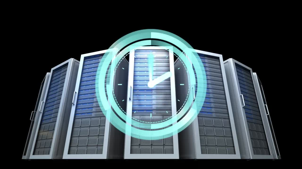 Animation of clock moving fast over computer servers