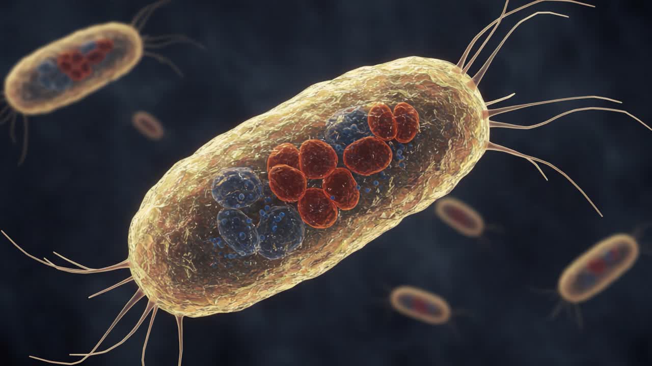 Detailed Visualization of Bacterial Cell Structures Under Microscopic Observation, Showcasing Cellular Components and Interactions in a Scientific Context