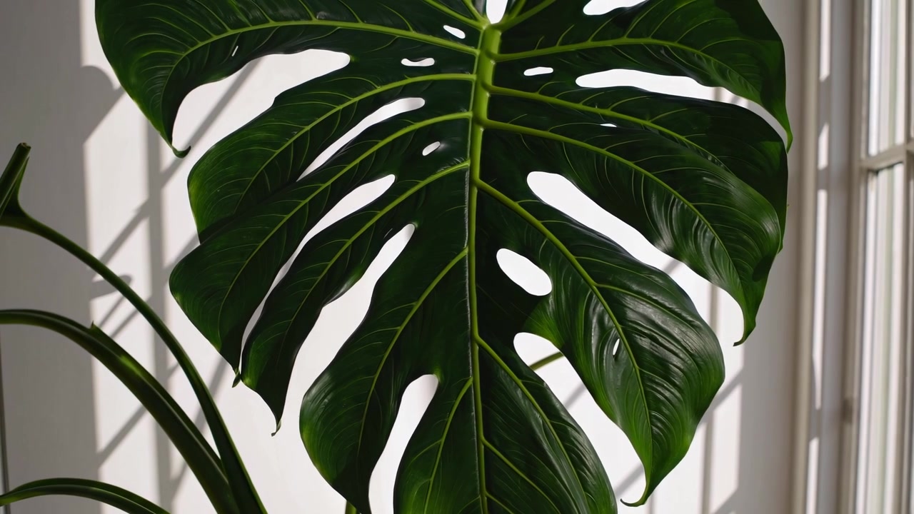 Detail listu Monstera deliciosa v přirozeném slunečním světle
