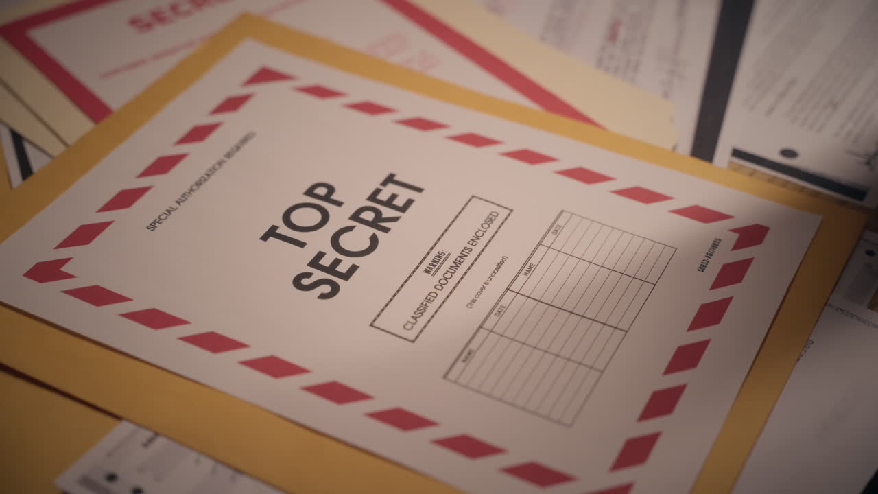 Hand grabbing manila folder or envelope with secret documents on office desk with classified information and military and government agency surveillance. Espionage investigation. Close up on papers