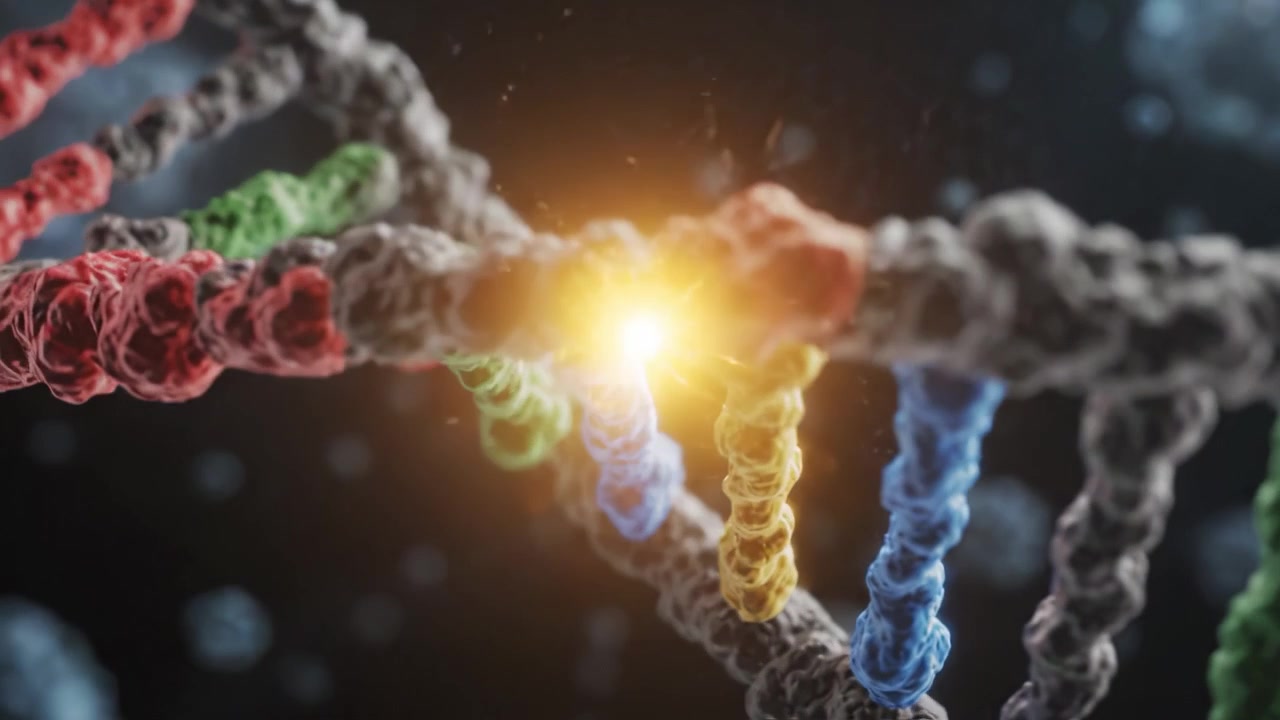 Splendida visualizzazione della struttura a doppia elica del DNA che mostra nucleotidi colorati su uno sfondo microscopico, illustrando la complessità del materiale genetico.