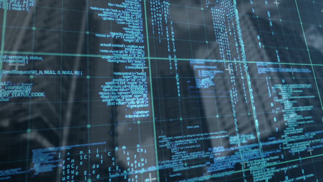 animación del patrón de cuadrícula sobre el lenguaje de programación contra la vista de ángulo bajo de los edificios.