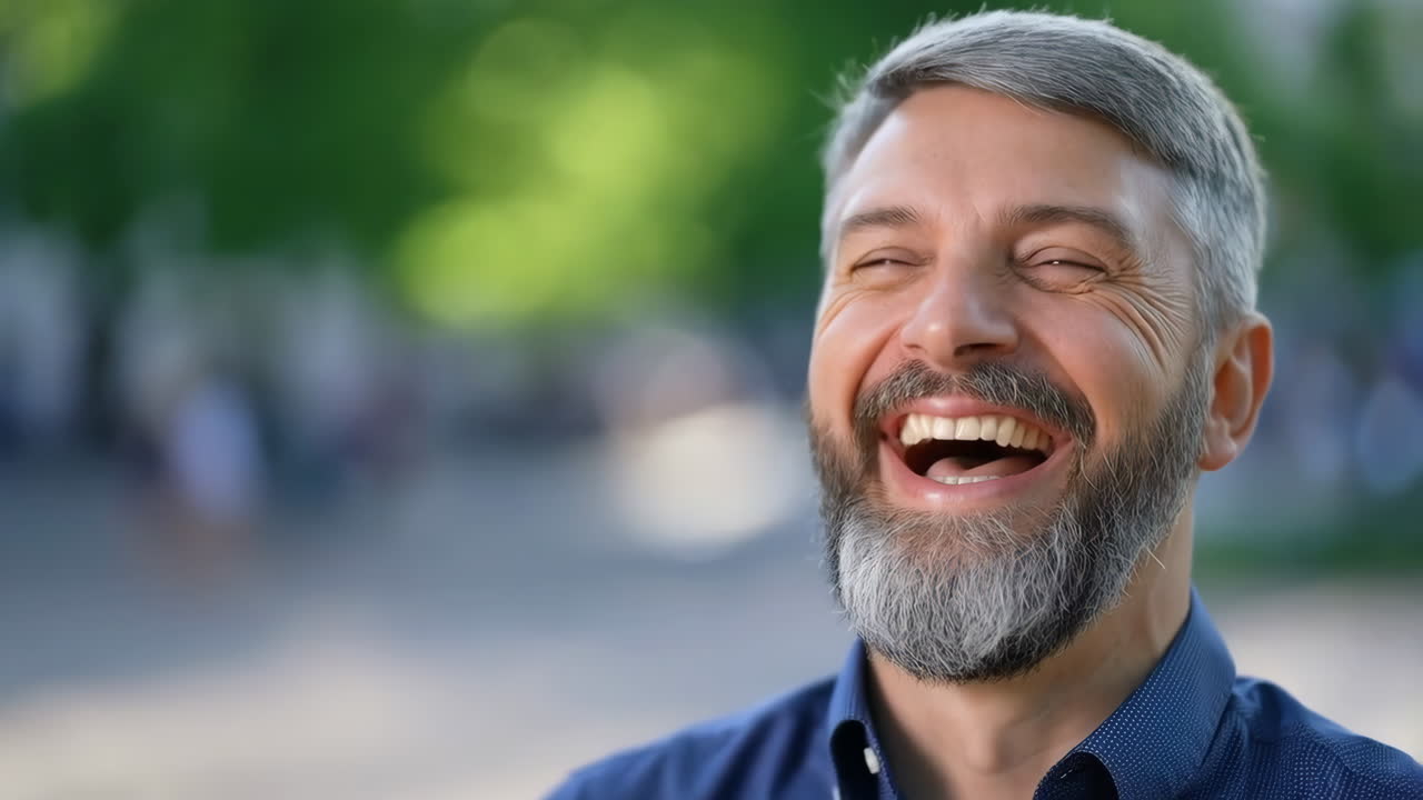 A happy, laughing man with a grey beard outdoors