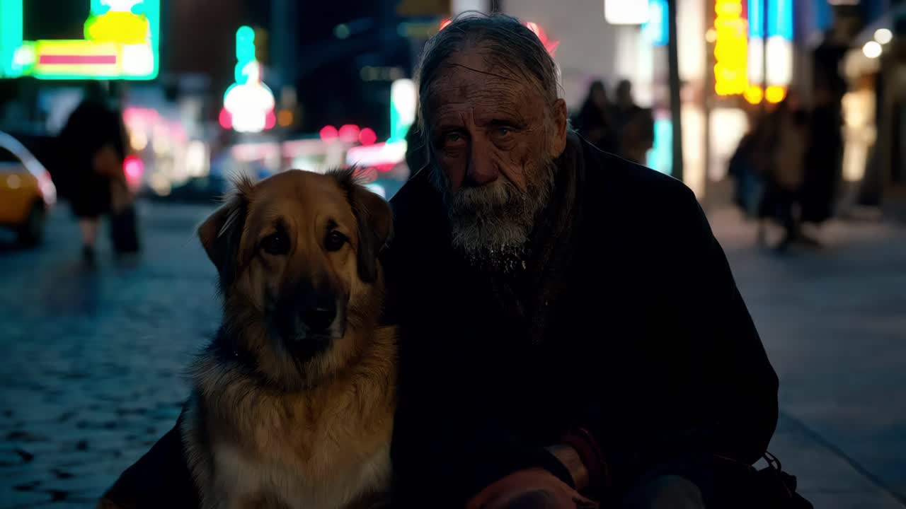 밤 에 도시 에서 노숙자 와 그 의 개