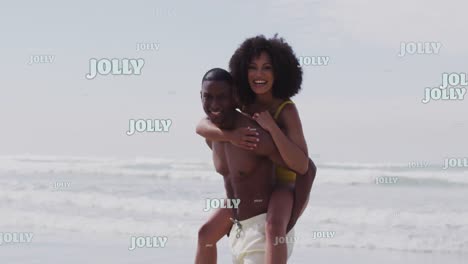 animación de texto alegre sobre una pareja afroamericana en la playa.