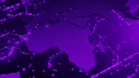 glowing purple 3d map highlighting europe, asia, and the middle east with digital network connections. futuristic concept of global data, technology, and connectivity