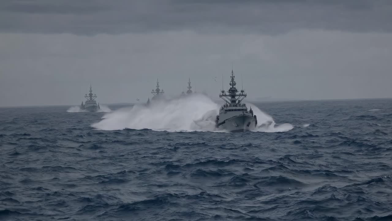 Video still of naval ships in formation, captured from a low-angle, showcasing dynamic movement