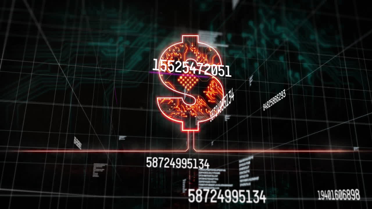 Digital dollar sign with binary numbers and data processing animation