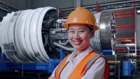 close up side view of asian female engineer with safety helmet crossing her arms and smiling to camera while standing with airplane engine maintenance conducted