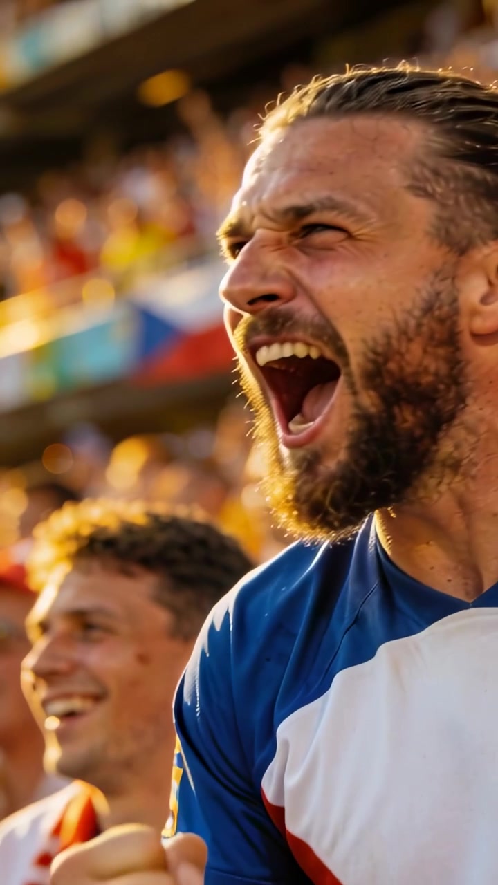 Video vertical: Aficionado masculino animando con camiseta azul y roja y bufanda, levantando el puño después de un gol en el estadio.
