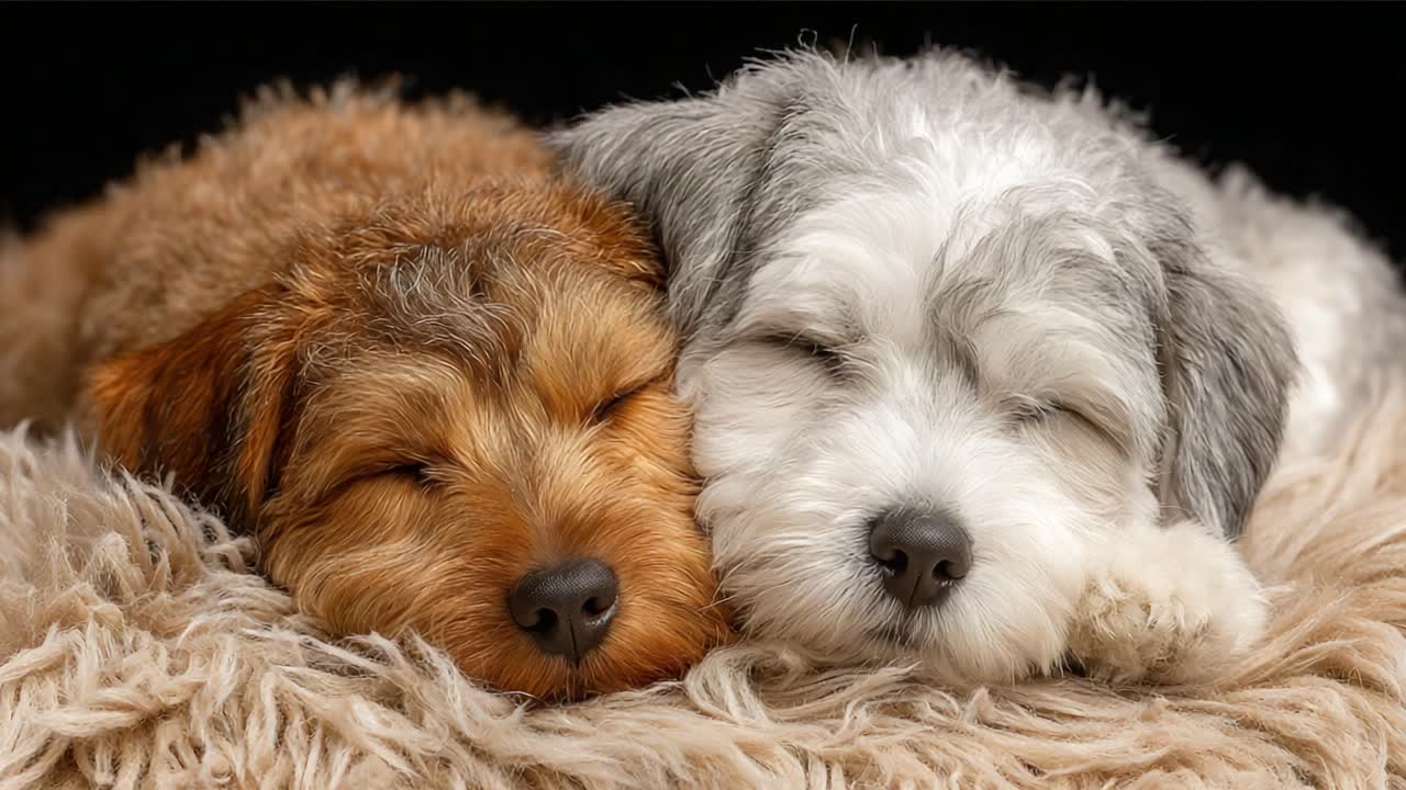 Due adorabili cani addormentati e accoccolati insieme su una morbida coperta, che irradiano comfort e pacifica compagnia nel caldo splendore dell'amicizia