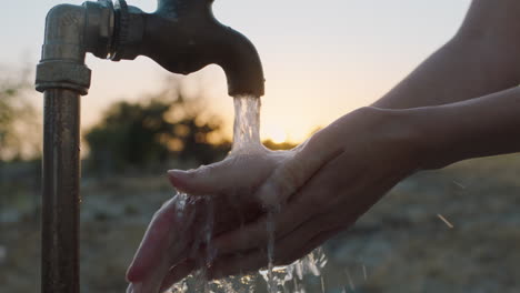 Frau-Wäscht-Sich-Bei-Sonnenuntergang-Auf-Einem-Ländlichen-Bauernhof-Die-Hände-Unter-Fließendem-Wasser,-Das-Aus-Dem-Wasserhahn-Fließt