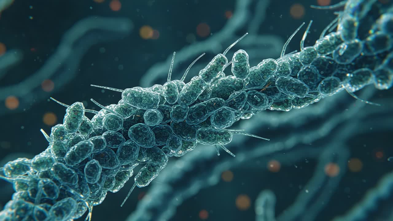 Exploring the Microscopic World: A Close-Up View of Bacteria on a Filament, Unveiling the Intricate Details of Their Structure and Surrounding Environment