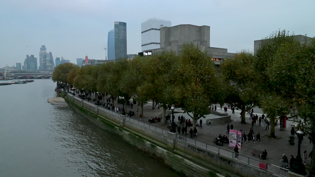 Wide angle view from Waterloo Bridge towards Southwark and the City of London, United Kingdom