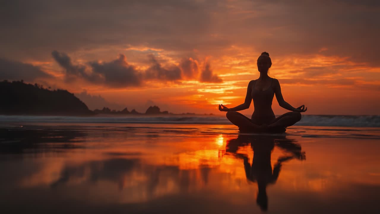 Tranquil Sunset Meditation on the Beach: A Serene Moment Captured in the Golden Glow of Dawn, Emphasizing Peace, Reflection, and Connection with Nature
