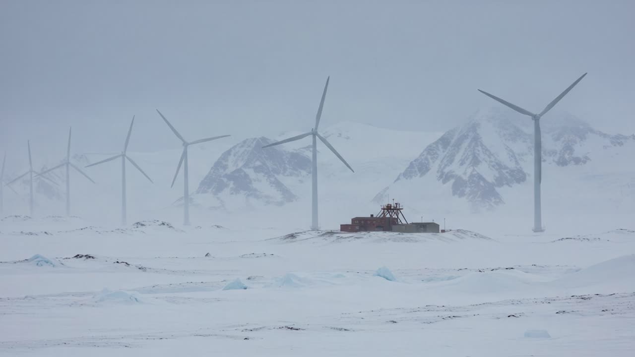 A Remote Arctic Landscape Featuring Wind Turbines, Snow-Covered Terrain, and a Research Facility Amongst Mountainous Backdrops in Harsh Conditions