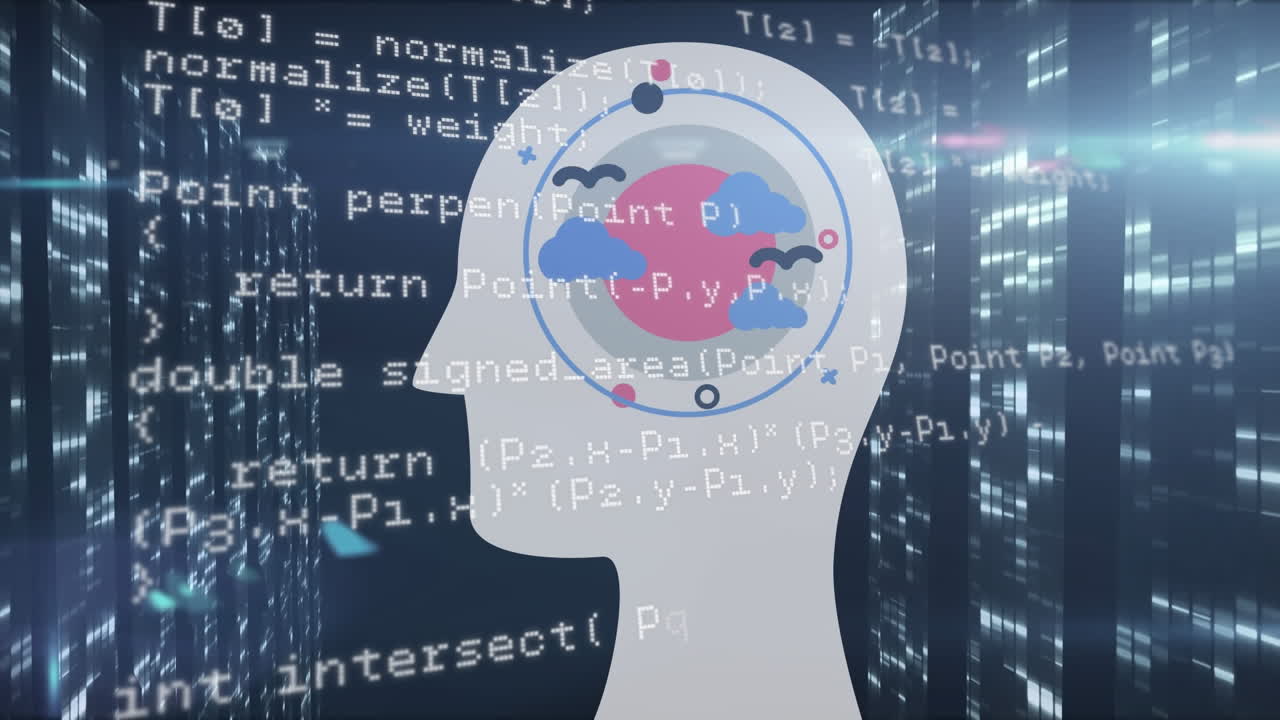 검은 바탕에 태양과 데이터 처리를 가진 머리의 애니메이션