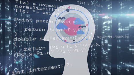animación de la cabeza con sol y procesamiento de datos en fondo negro