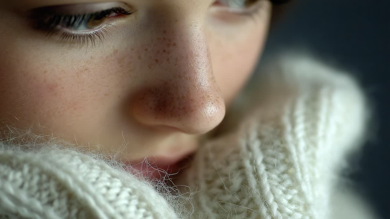 A close-up portrait of a young woman gently smiling while wrapped in a cozy, knitted scarf, highlighting her delicate features and freckles against a soft backdrop