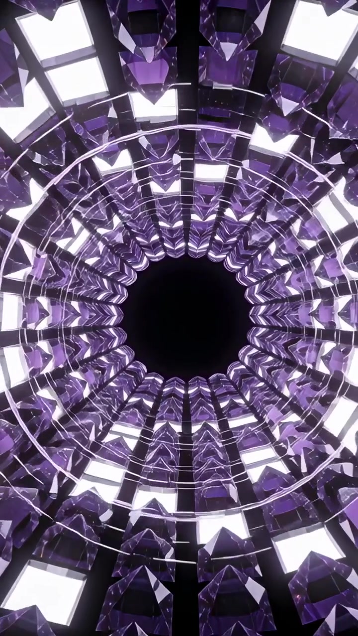 Video verticale: Illuminazione che genera prismi viola rotanti che formano anelli in un tunnel intorno a un vuoto, pannelli.