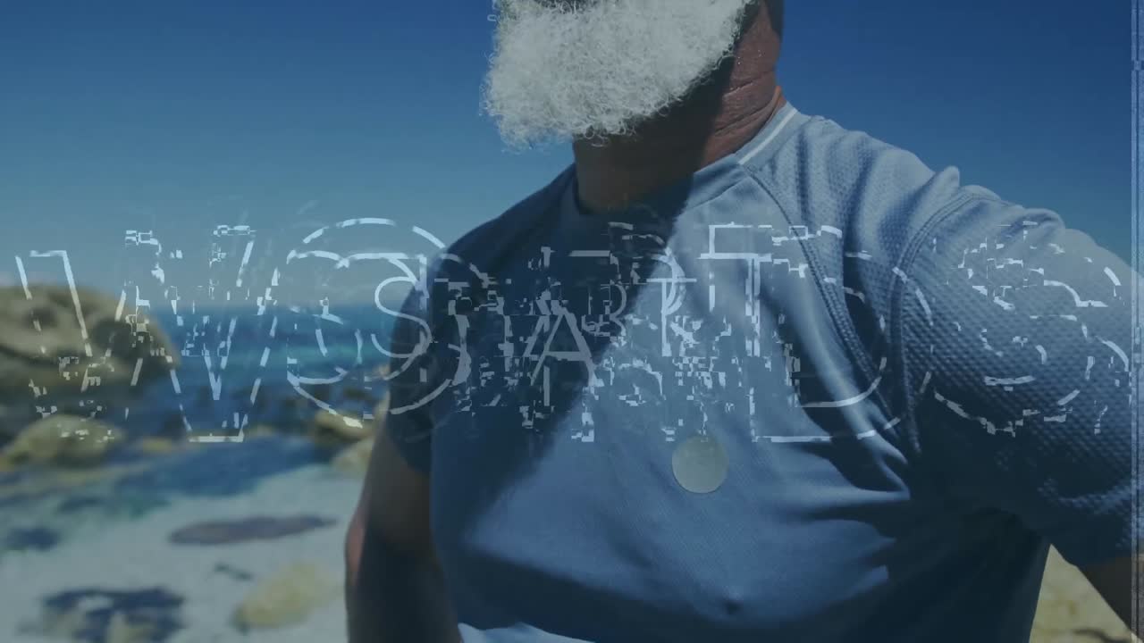 아프리카계 미국인 시니어 스포츠맨 야외에서 데이터 처리 및 동기 부여 텍스트의 애니메이션