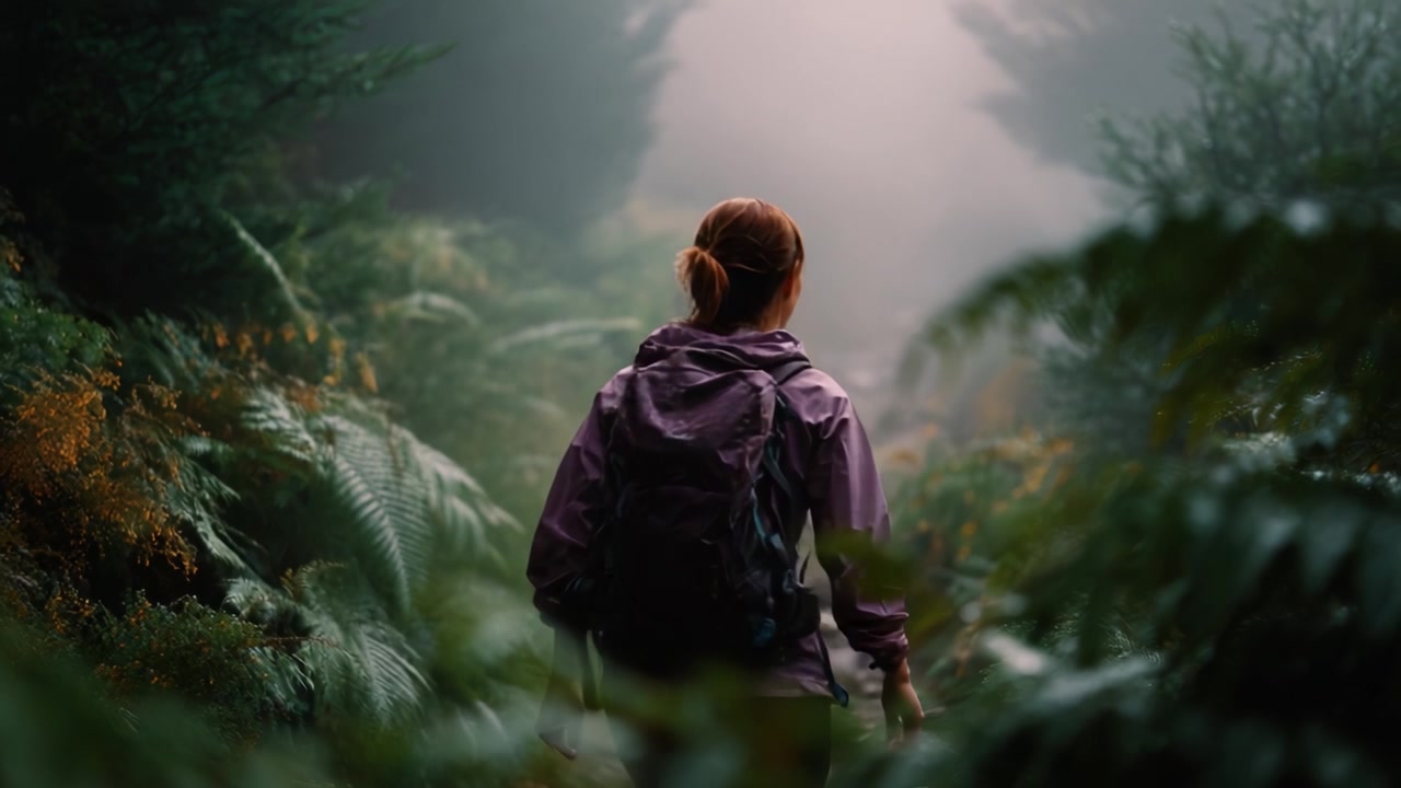 A lone hiker exploring a misty forest trail surrounded by lush greenery and vibrant foliage, evoking a sense of adventure and tranquility in nature.