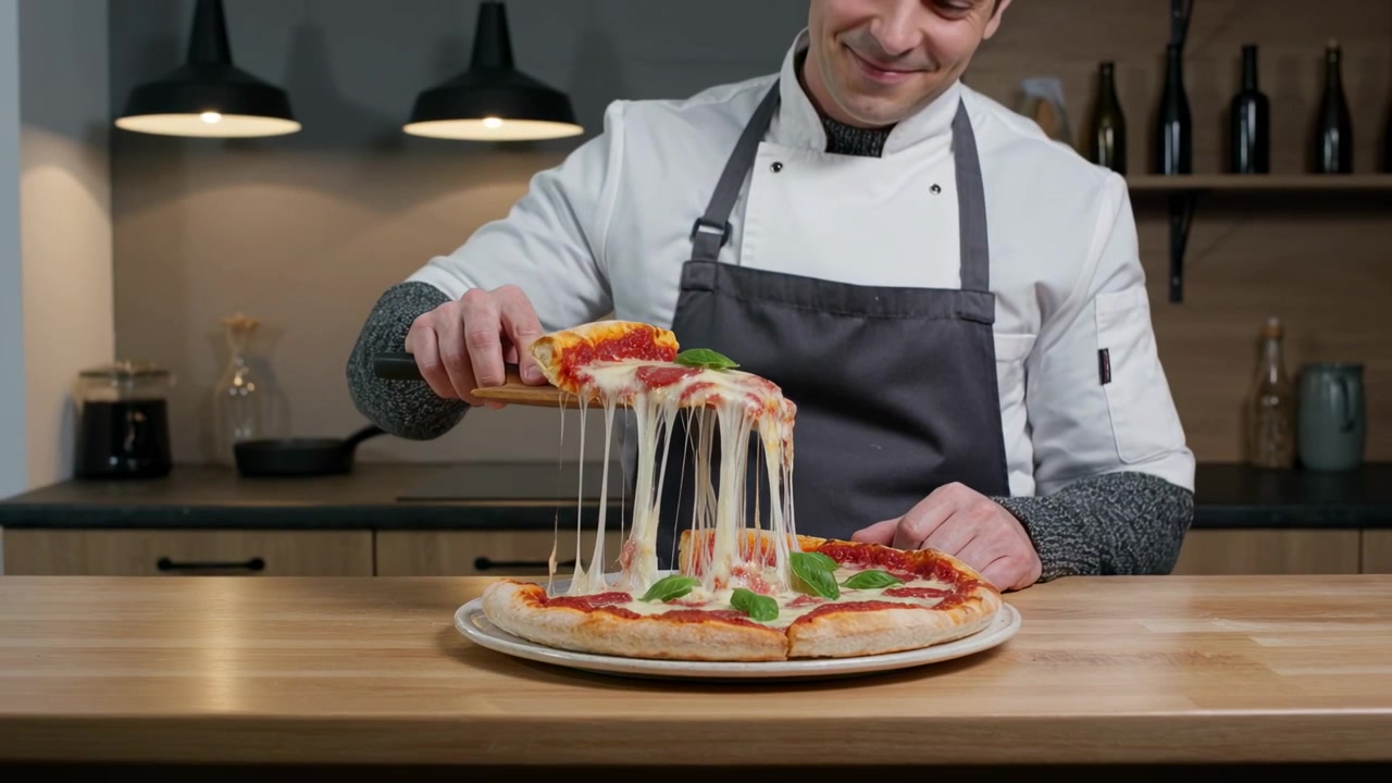 Cameriere che posiziona, chef con giacca bianca e grembiule grigio che solleva una fetta in cucina, mostrando l'effetto filante del formaggio.