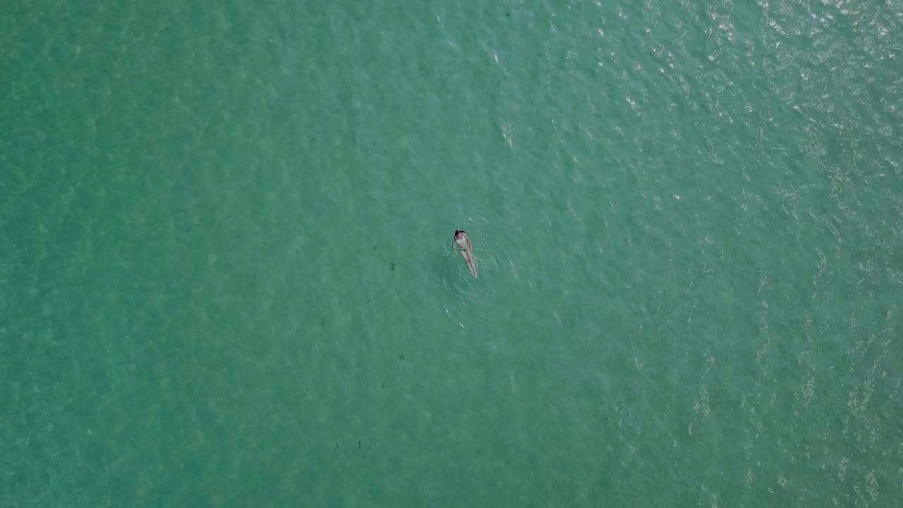 비키니를 입은 멋진 여성이 에게아 해의 고 푸른 물을 천천히 헤엄치고 있습니다.