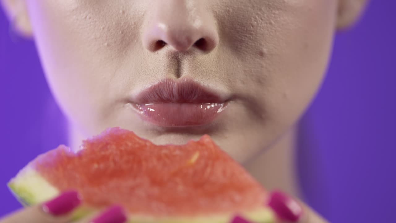 cerca de la boca de la mujer tomando un bocado y comiendo fruta de sandía, fotografía de estudio con fondo púrpura