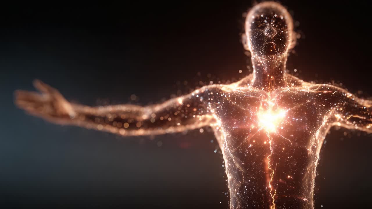 La esencia resplandeciente de la humanidad: una representación cósmica de la forma humana irradiando energía y vida a través de una visualización bellamente abstracta