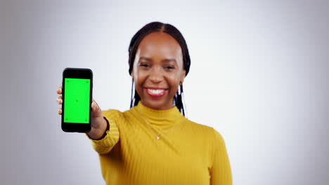 woman, offer and phone green screen for marketing